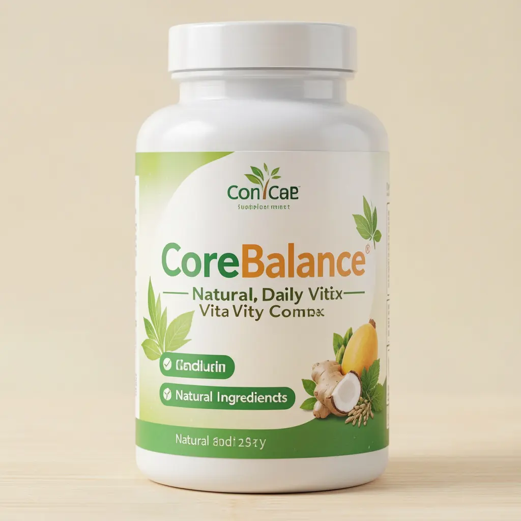 CoreBalance dietary supplement bottle with natural ingredients label